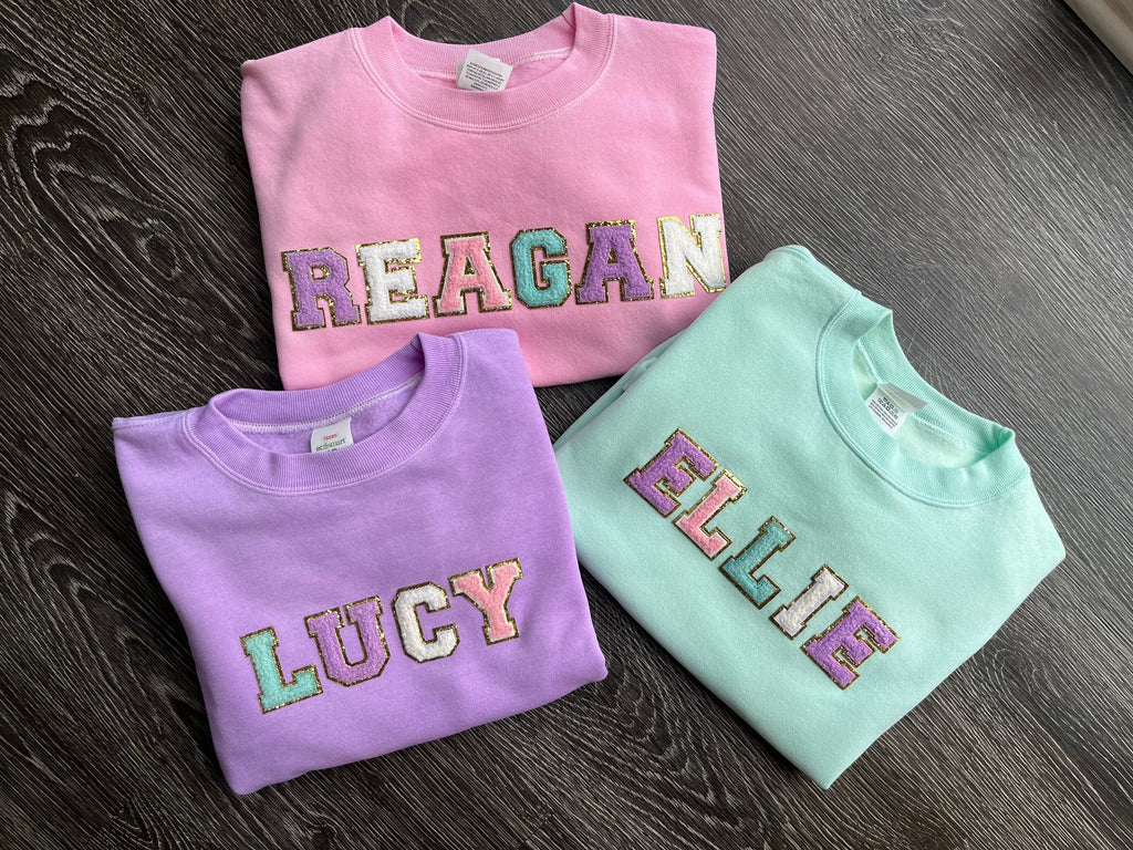 Custom name shirt for kids chenille sweatshirt youth chenille initial shirt glitter letter shirt custom toddler shirt youth t shirt for kids