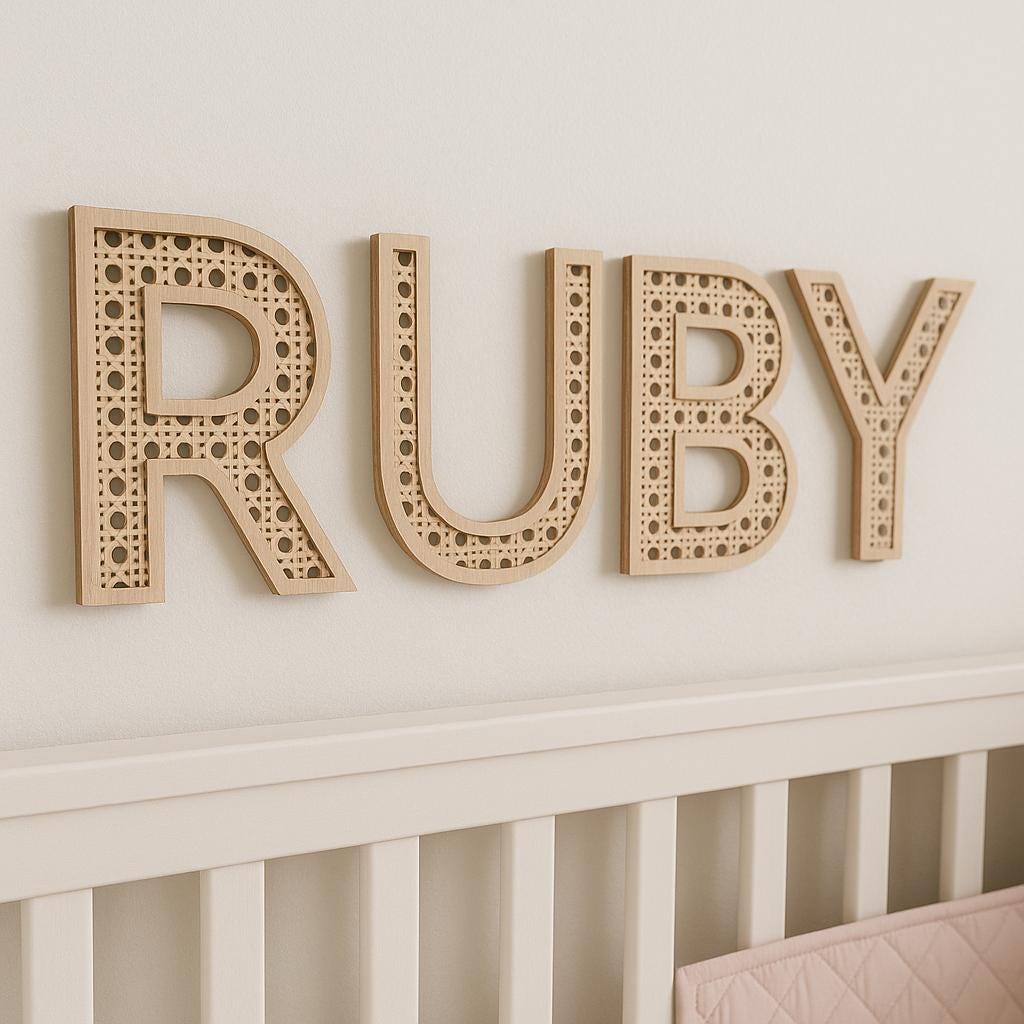 Rattan letter nursery name sign personalized Baby Room Decor custom Kids Wall Art rattan home decor toddler bedroom gender neutral nursery