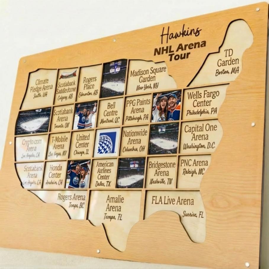 NHL arena tracker personalized wood photo frame hockey map NHL team gift for hockey fan present for dad man cave custom decor