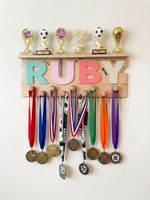 Personalized Medal Hanger | Trophy Display Shelf for Girls | Custom Sports Award Holder | Gymnastics Cheer Softball Volleyball Gift