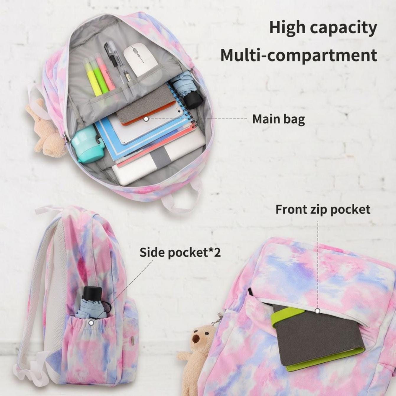 Personalized Embroidered Backpack & Lunch Box Set for Girls, Custom Name Tie Dye School Bag, Back to School Gift