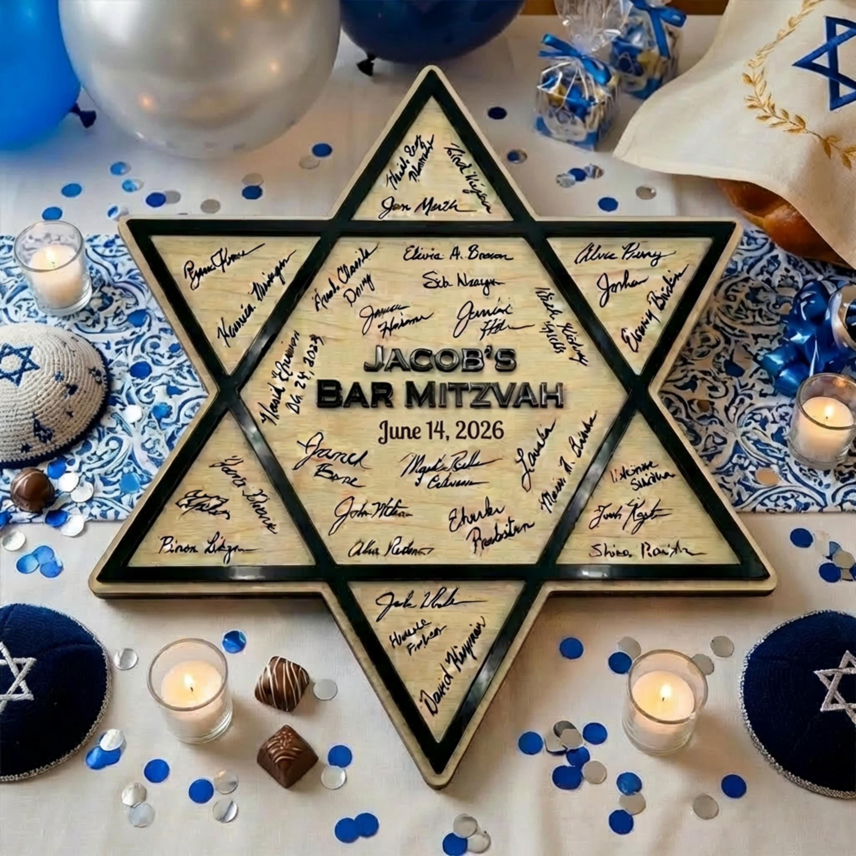 Bar Mitzvah Guest Book Alternative | Personalized Mazel Tov Signature Board | Jewish Celebration Sign | Custom Star of David Keepsake Decor