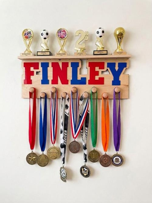 Personalized Medal Hanger | Trophy Display Shelf | Sports Award Holder | Custom Name Sign | Athlete Gift | Soccer Baseball Basketball