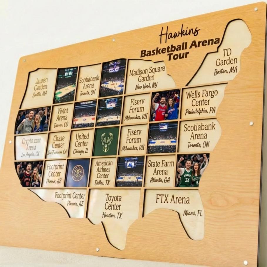 NBA arena tracker personalized wood photo frame basketball map NBA team gift for basketball fan present for dad man cave custom decor