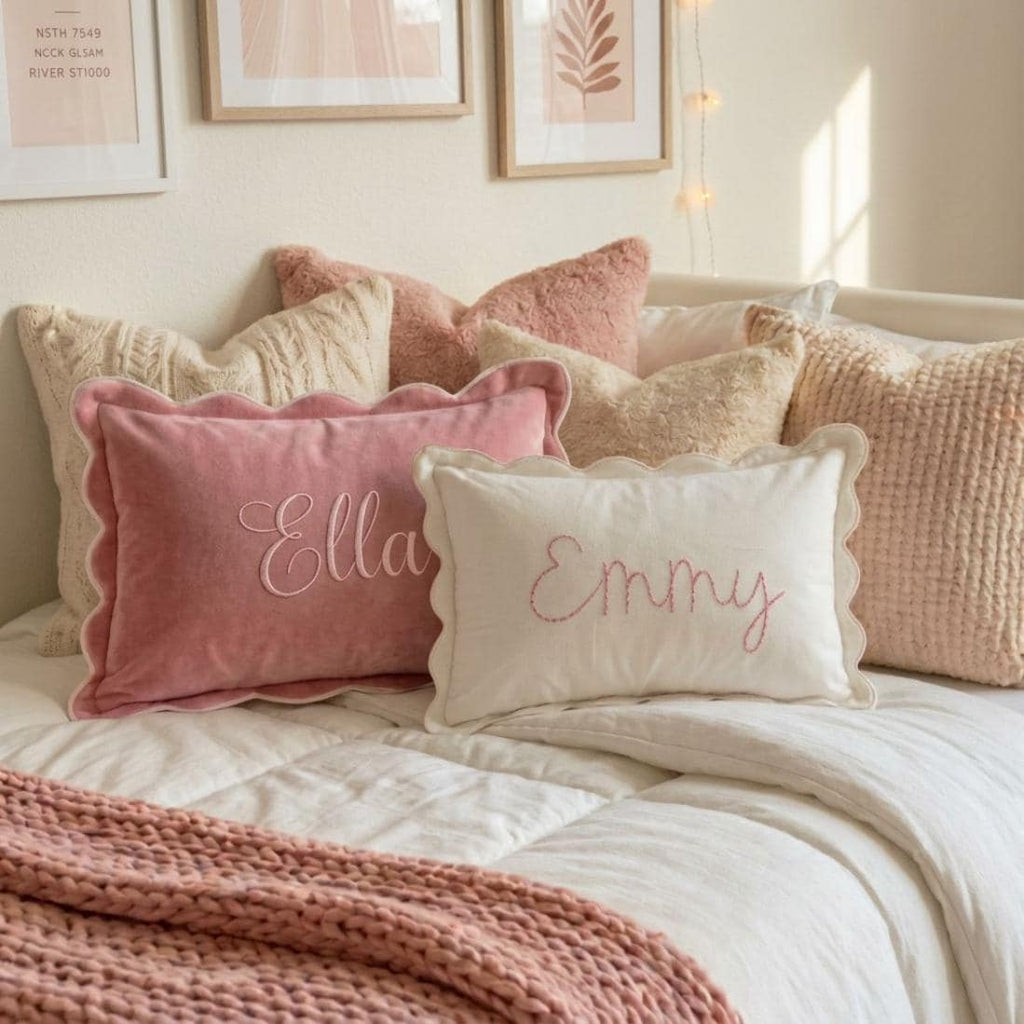 Scalloped Edge Personalized Name Pillow, Baby Girl Pillow, Pink Velvet Nursery Decor, Custom Toddler Present, Baby Shower Gift Bow aesthetic