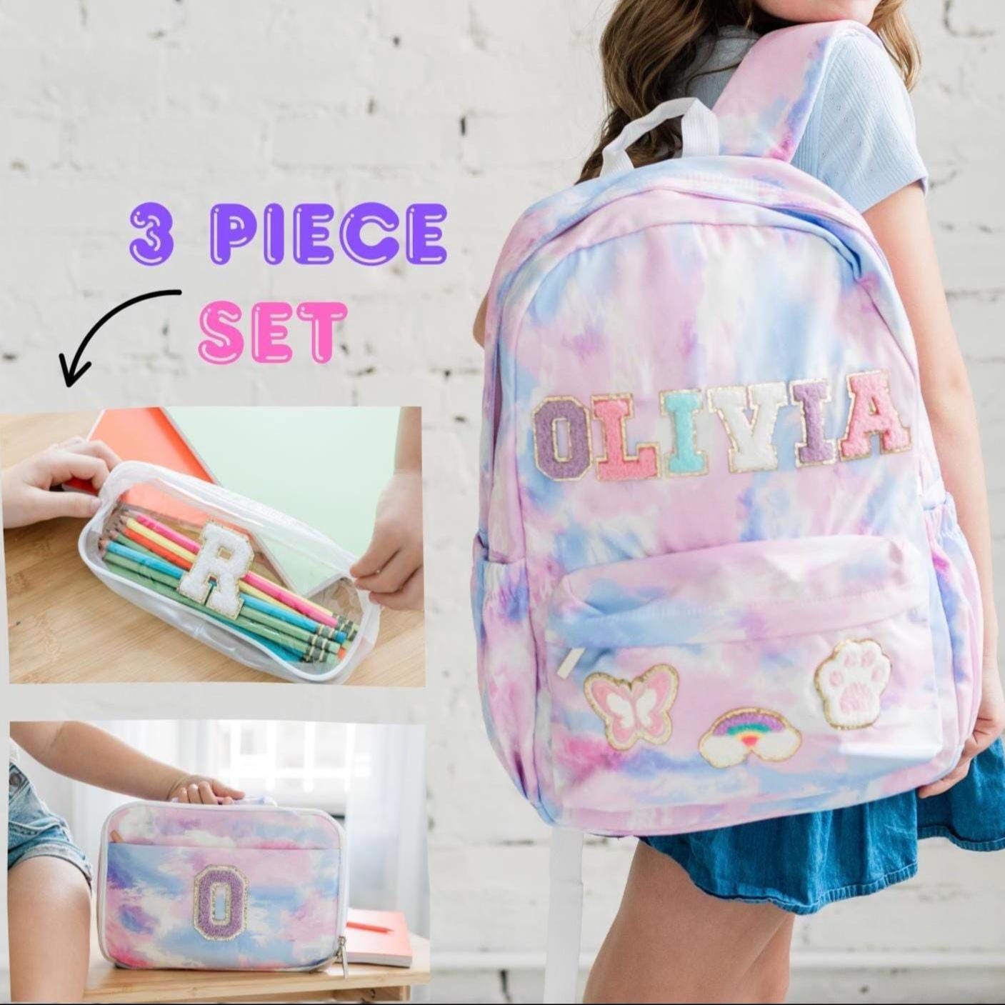 Personalized Girls Backpack and Lunchbox Set Custom Back to School Gift with Pencil Case for Kids birthday gift for little girl tie dye