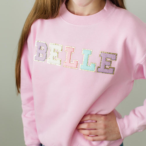 Custom name shirt for kids chenille sweatshirt youth chenille initial shirt glitter letter shirt custom toddler shirt youth t shirt for kids
