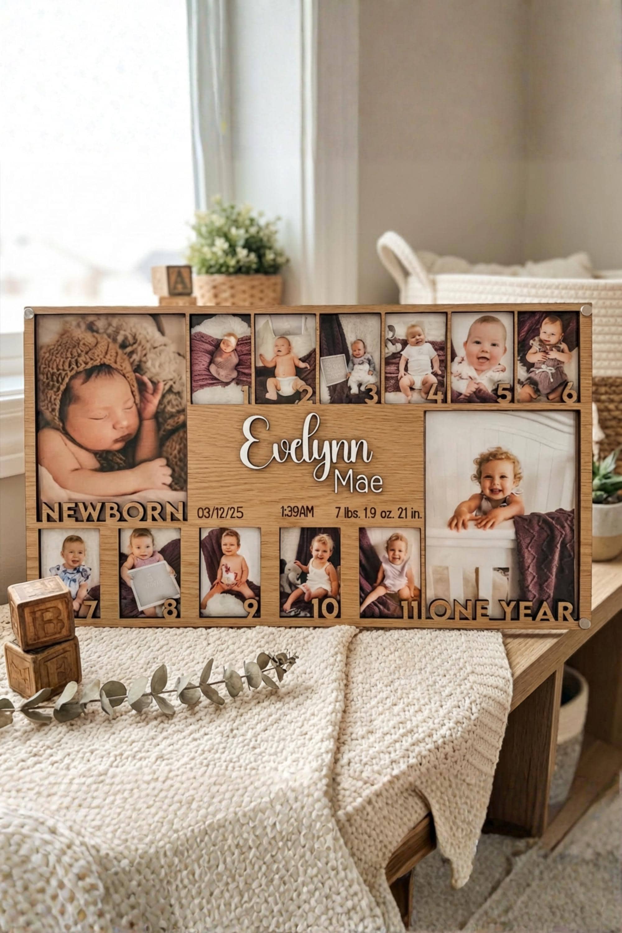Baby's First Year Photo Frame Wood Monthly Milestone Picture Display for newborn personalized monthly picture frame keepsake 1st birthday