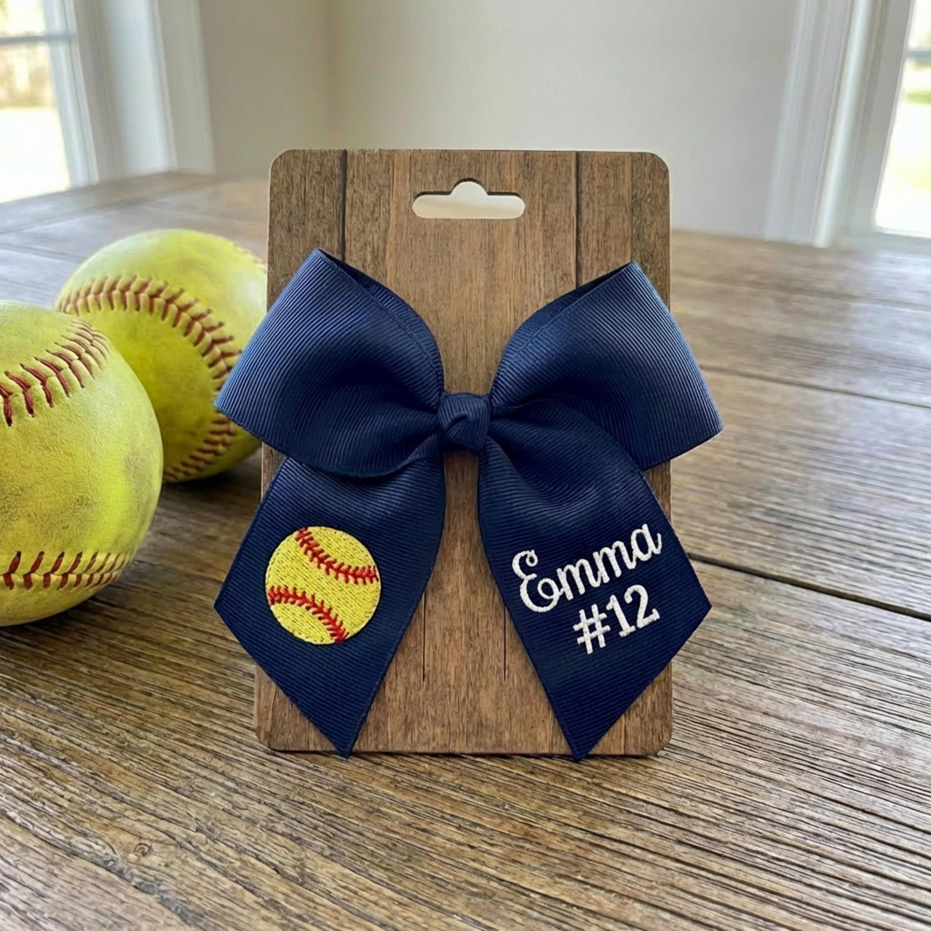 Personalized Softball Hair Bow with Name and Number | Embroidered Softball Team Gift | Custom Player Present | Travel Ball Accessory