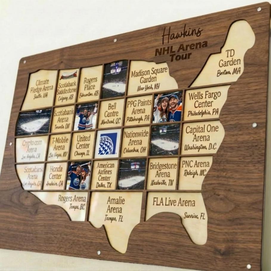 NHL arena tracker personalized wood photo frame hockey map NHL team gift for hockey fan present for dad man cave custom decor