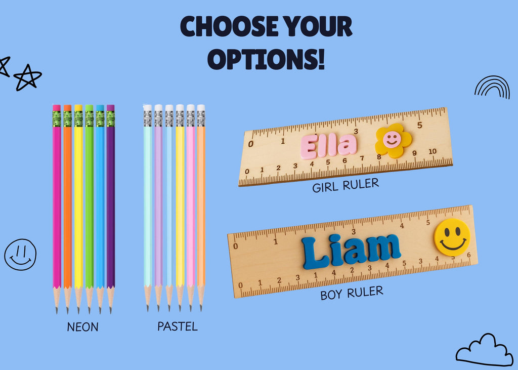 Ruler and pencil set personalized back to school supplies for kid custom stationary set for girls back to school gift for kindergarten