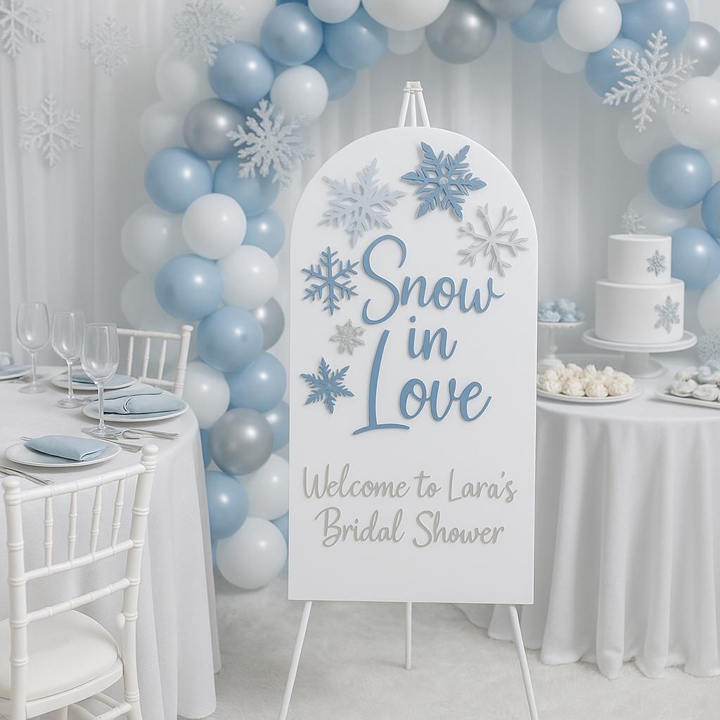 Snow in love Bridal shower welcome sign Winter Wedding Decor Personalized snowflake theme baby shower acrylic custom decoration