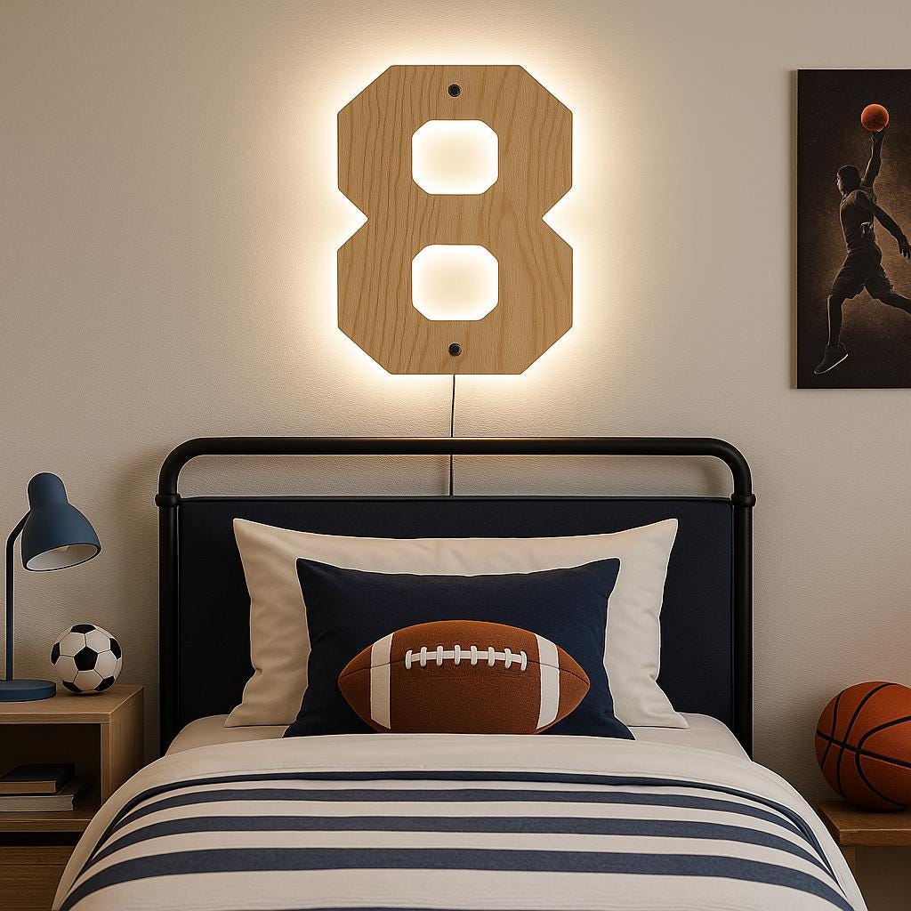 Personalized LED Number Wall Sign – Backlit Sports Room Decor, Custom Wood Number Light, Teen Bedroom Wall Art, Athlete Jersey Number Gift