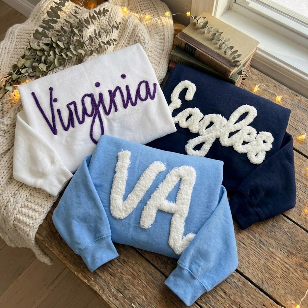 Custom Chenille Letter Sweatshirt Personalized Team Name Crewneck Fuzzy Varsity Style Sports Mom Shirt Game Day Spirit Wear Gift for Fans