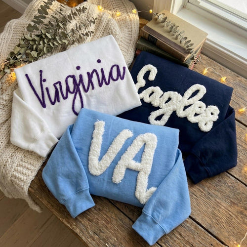 Custom Chenille Letter Sweatshirt Personalized Team Name Crewneck Fuzzy Varsity Style Sports Mom Shirt Game Day Spirit Wear Gift for Fans