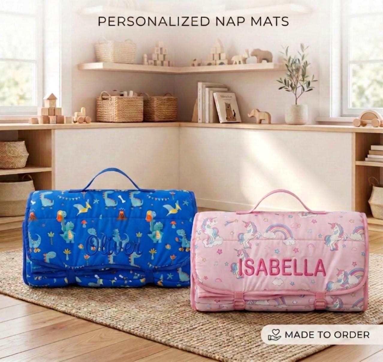 Embroidered Preschool Nap Mat | Personalized Daycare Bedding | Roll-Up Sleeping Bag | Custom Toddler Cot Cover