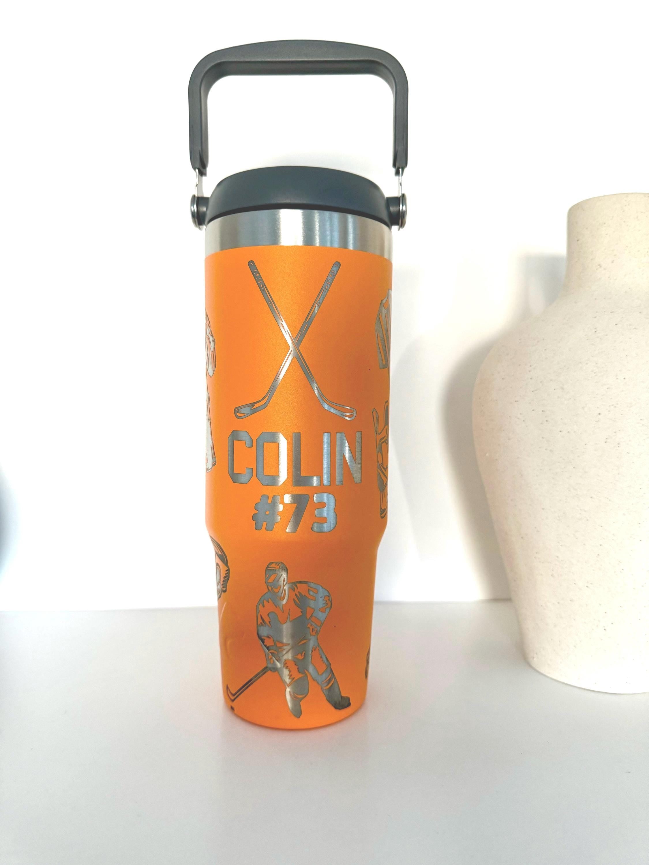 Personalized hockey tumbler custom name water bottle for hockey dad gift for coach engraved travel cup ice hockey team present sport mom