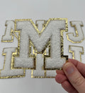 White 3.12" Iron on chenille white letter purple iron on patches varsity letter applique patch white chenille letter