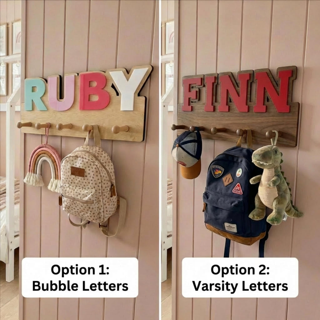 Personalized Kids Wall Organizer, Backpack & Coat Hanger, Custom Name Nursery Storage, toddler Bedroom Organization, Kids Room Storage