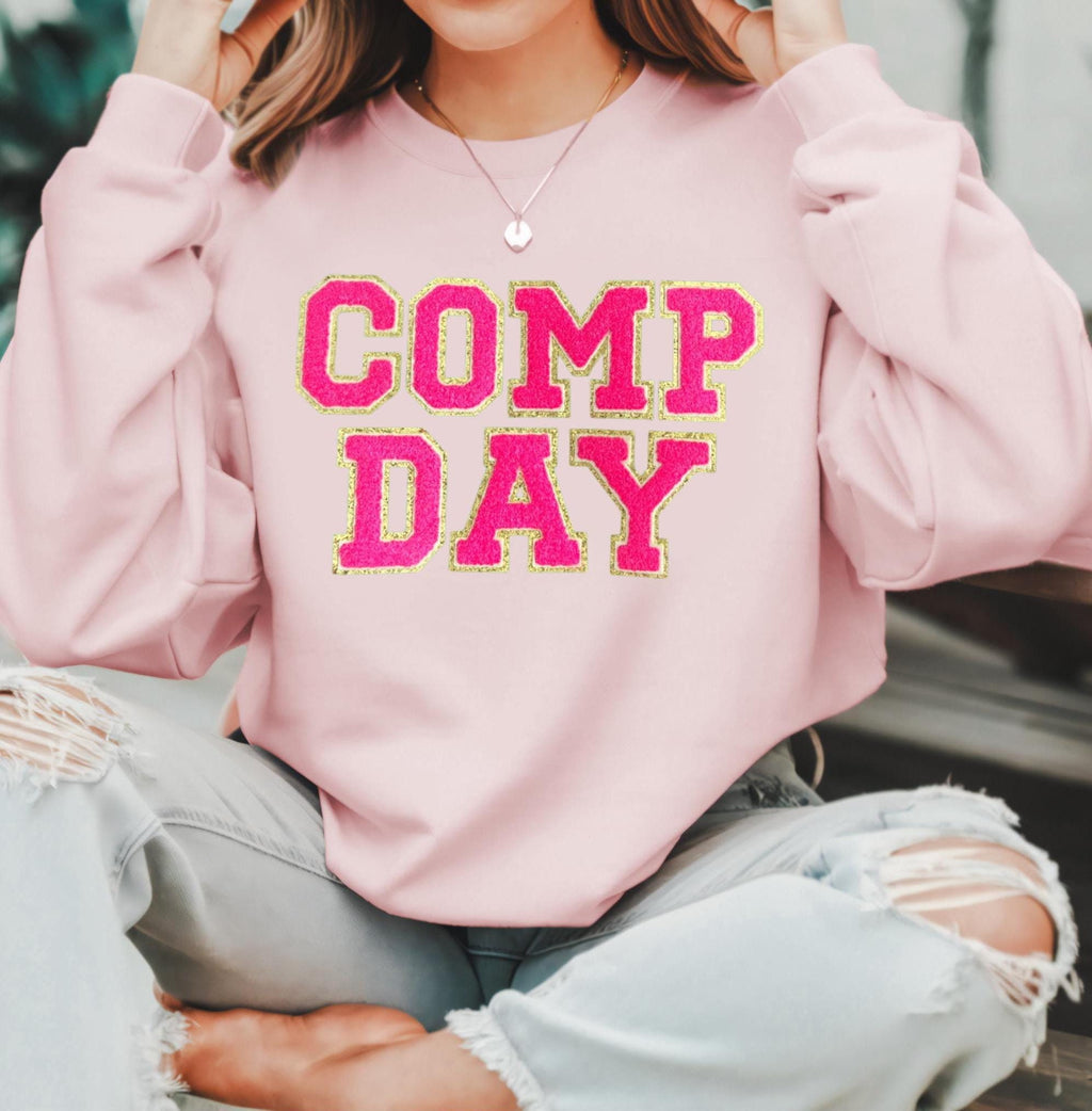 Comp Day sweatshirt for cheer competition crewneck cheerleader mom gift chenille patch shirt cheerleading gift for teenager personalized