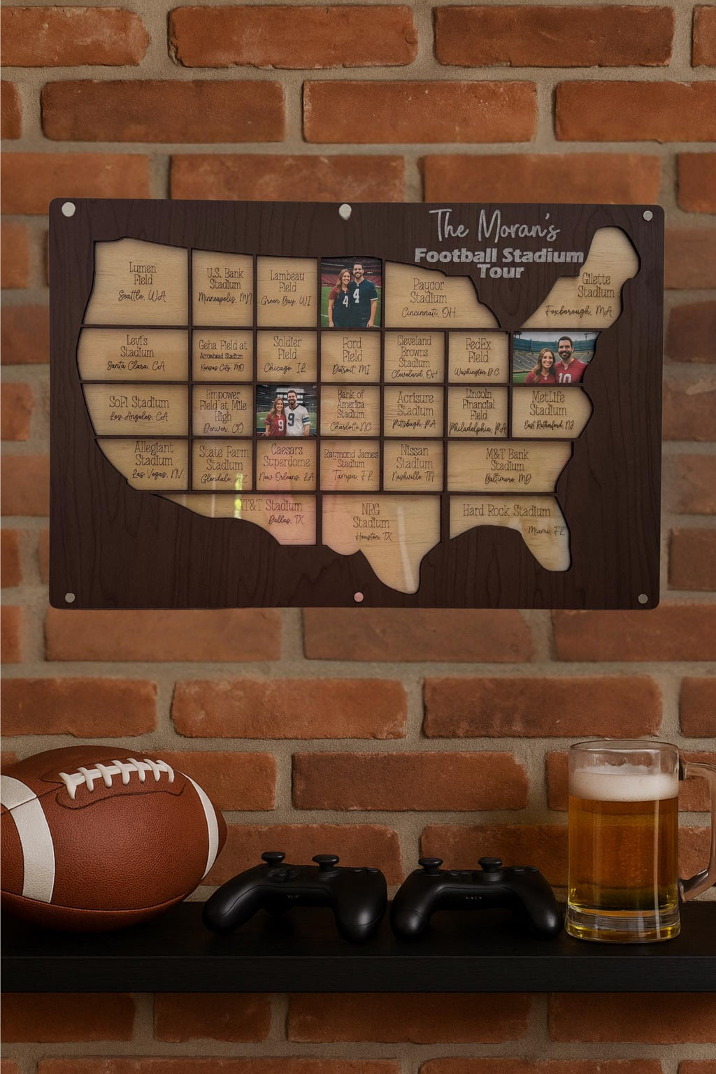 NFL stadium tracker personalized wood photo frame football map NFL team gift for football fan present for dad man cave custom decor