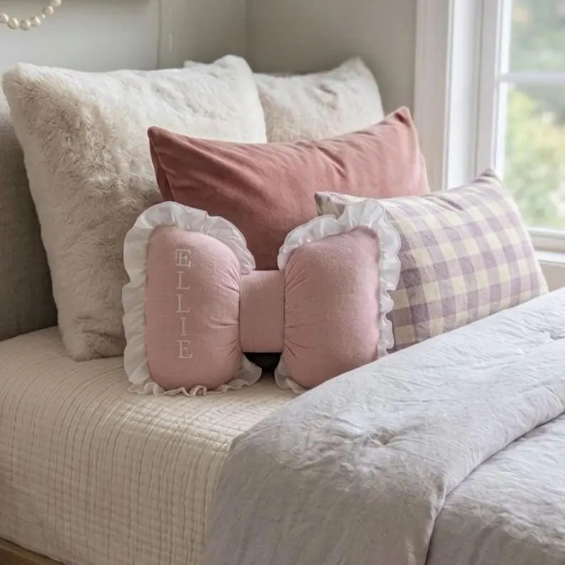 Personalized Bow Pillow | Coquette Nursery Decor | Custom Baby Girl Name Pillow | Baby Shower Gift | Teenager Room Decor